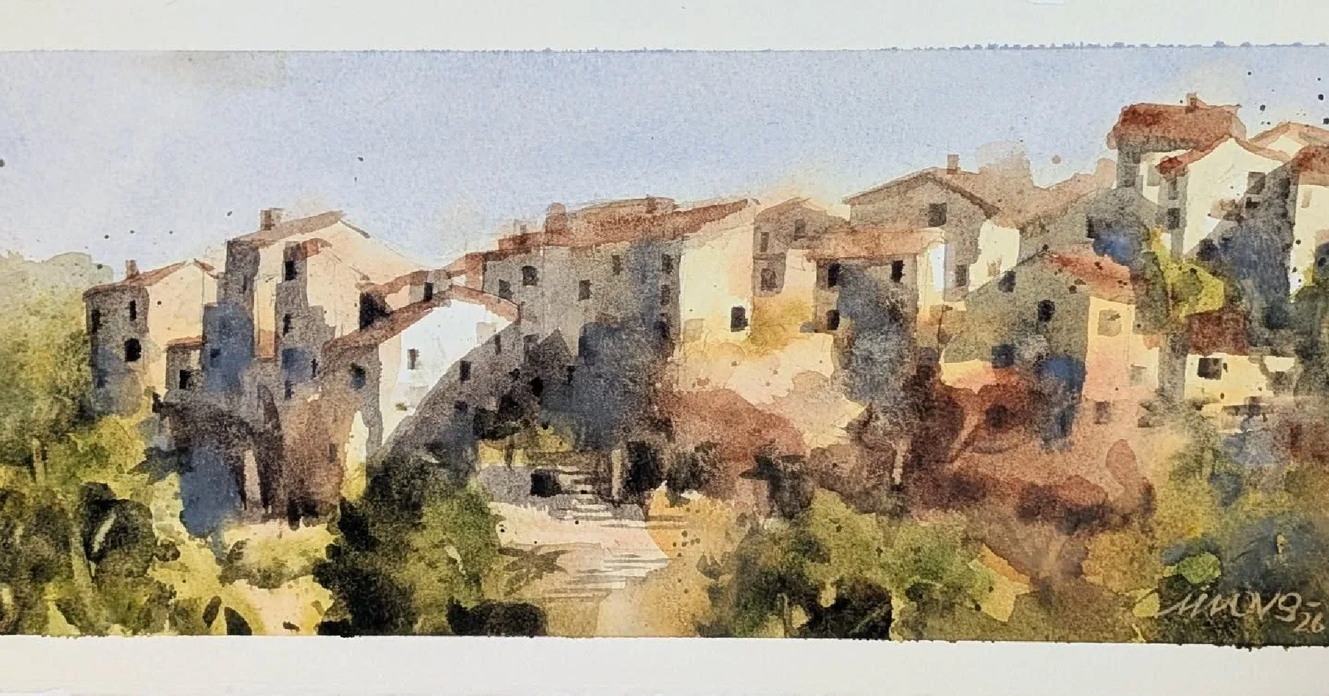 Il borgo sul crinale — acquerello di Marco Novo