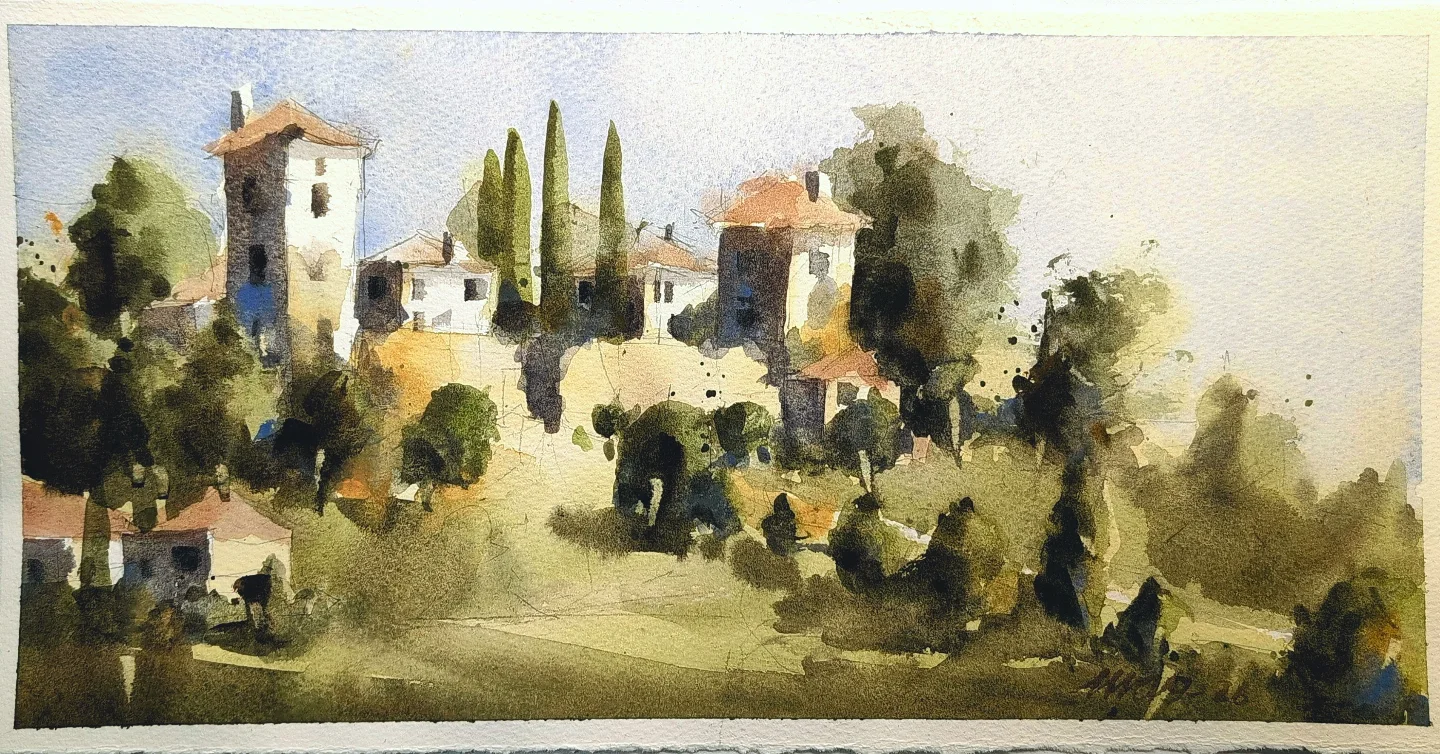 Acquerello di un paesaggio con cipressi