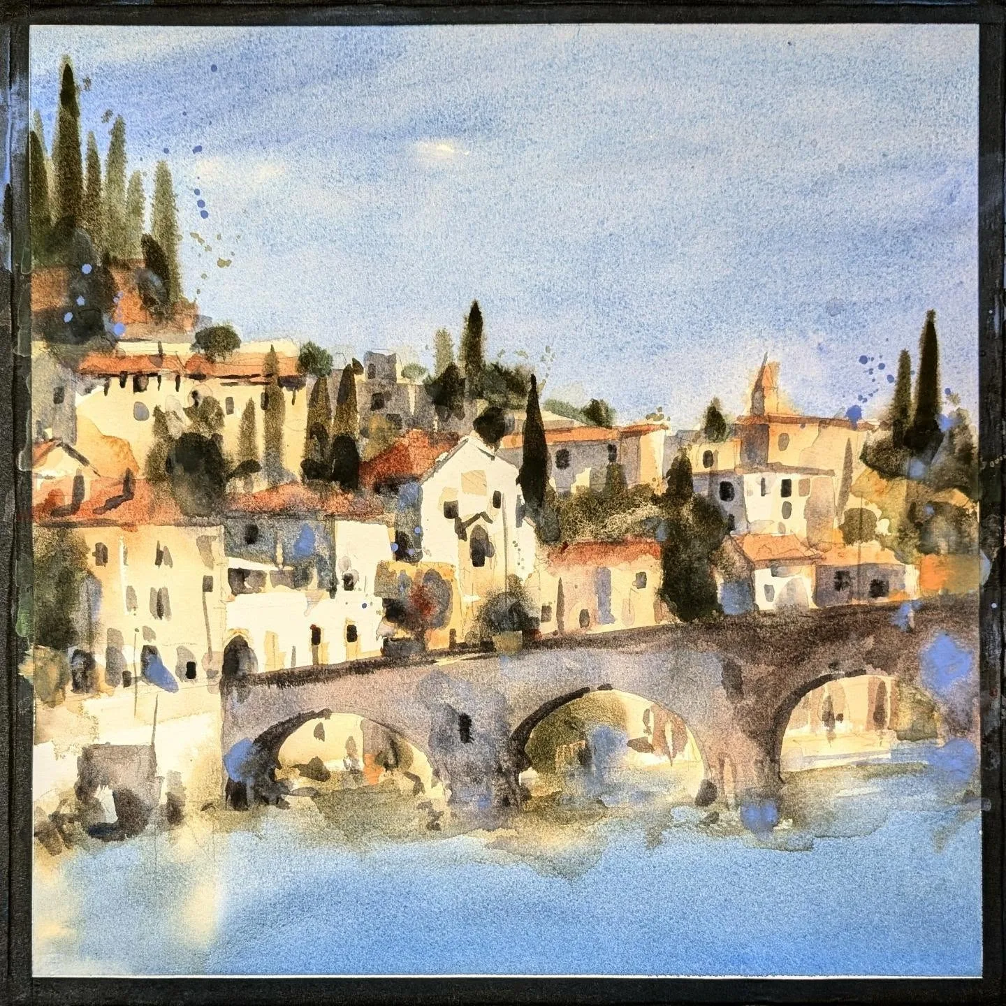 Acquerello di case lungo l’acqua